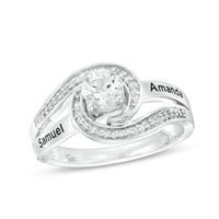 Couple's Simulated Birthstone and Diamond Accent Split Shank Swirl Frame Ring in Sterling Silver (1 Stone and 2 Names)|Peoples Jewellers