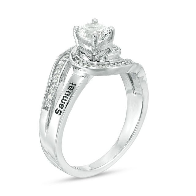 Couple's Simulated Birthstone and Diamond Accent Split Shank Swirl Frame Ring in Sterling Silver (1 Stone and 2 Names)