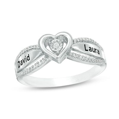 Couple's 1/8 CT. T.W. Diamond Heart Frame Promise Ring in Sterling Silver (2 Names)|Peoples Jewellers