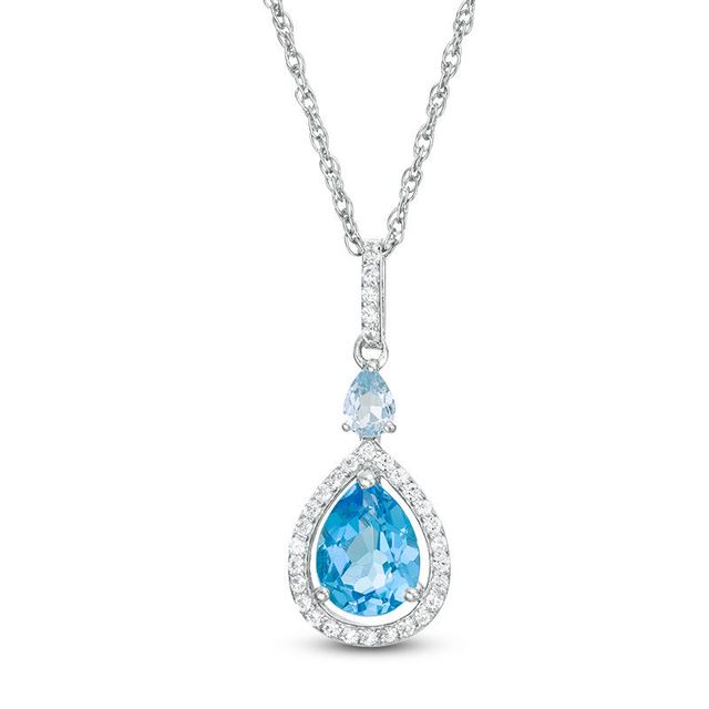 Pear-Shaped Swiss and Sky Blue Topaz with Lab-Created White Sapphire Frame Drop Pendant in Sterling Silver|Peoples Jewellers