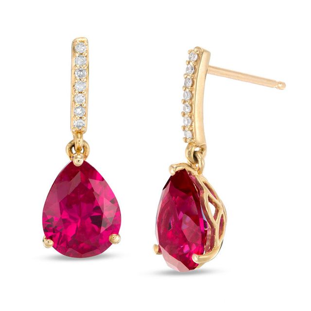 Pear-Shaped Lab-Created Ruby and 0.067 CT. T.W. Diamond Drop Earrings in 10K Gold|Peoples Jewellers