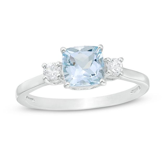 6.0mm Cushion-Cut Aquamarine and White Lab-Created Sapphire Three Stone Ring in Sterling Silver|Peoples Jewellers