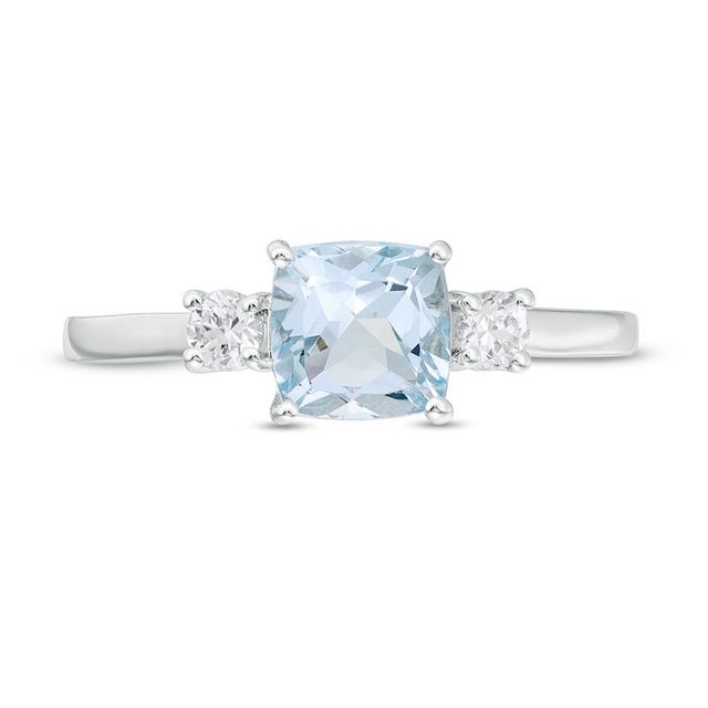 6.0mm Cushion-Cut Aquamarine and White Lab-Created Sapphire Three Stone Ring in Sterling Silver|Peoples Jewellers