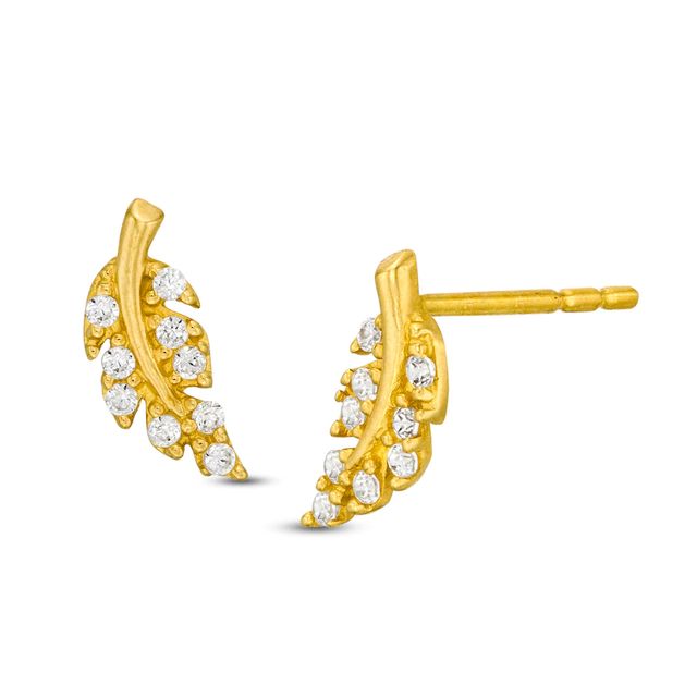 Cubic Zirconia Curved Leafy Branch Stud Earrings in 10K Gold