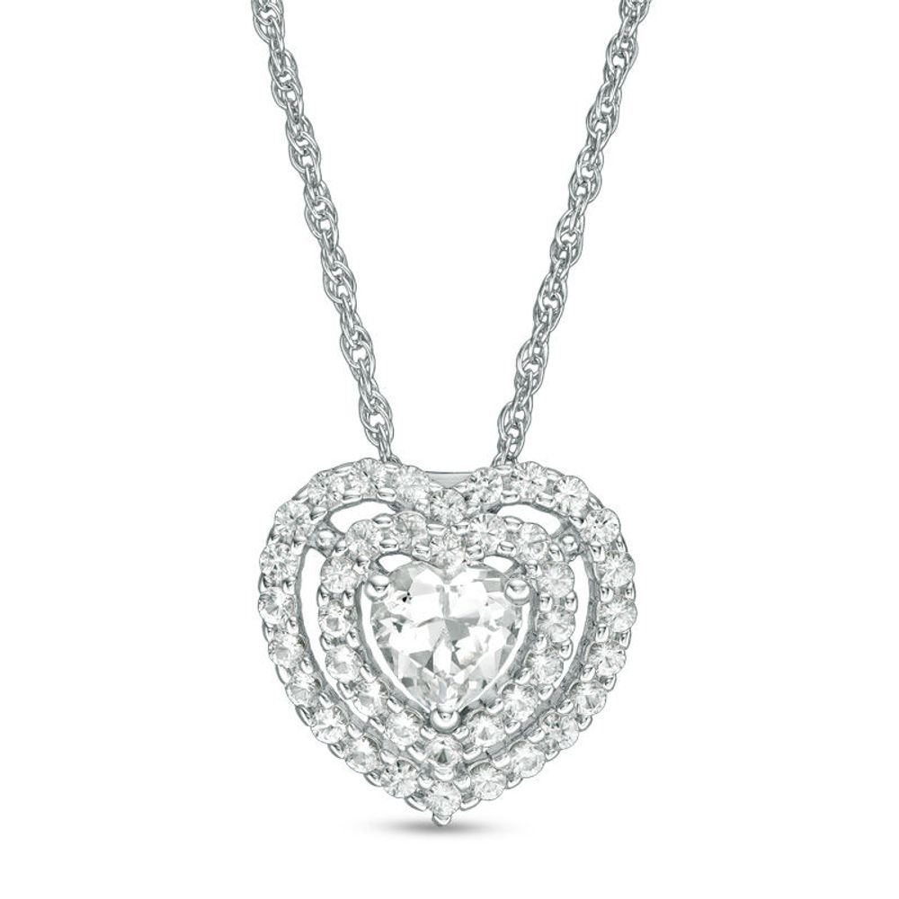 5.0mm Heart-Shaped Lab-Created White Sapphire Double Frame Pendant in Sterling Silver|Peoples Jewellers