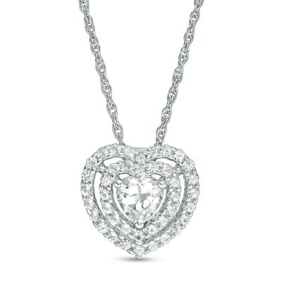 5.0mm Heart-Shaped Lab-Created White Sapphire Double Frame Pendant in Sterling Silver|Peoples Jewellers