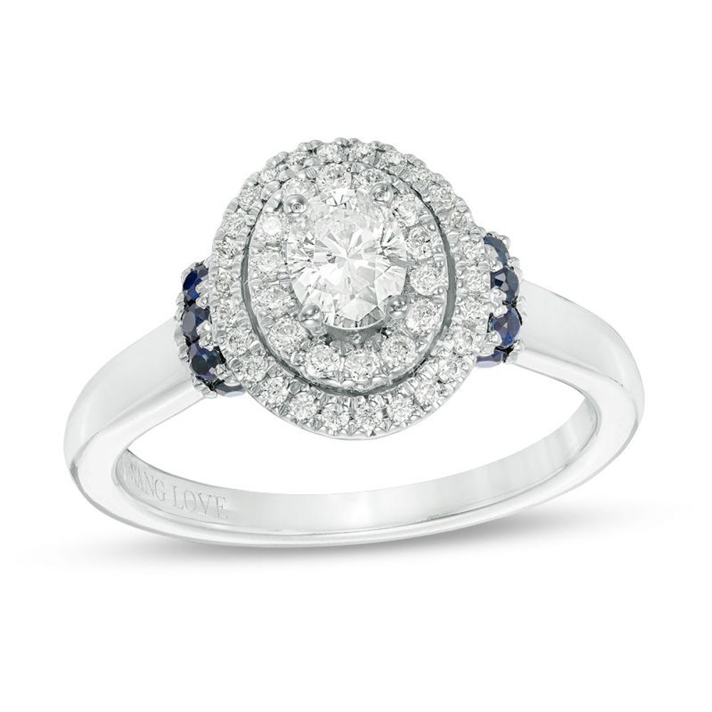 Vera Wang Love Collection 0.58 CT. T.W. Oval Diamond and Blue Sapphire Double Frame Engagement Ring in 14K White Gold|Peoples Jewellers