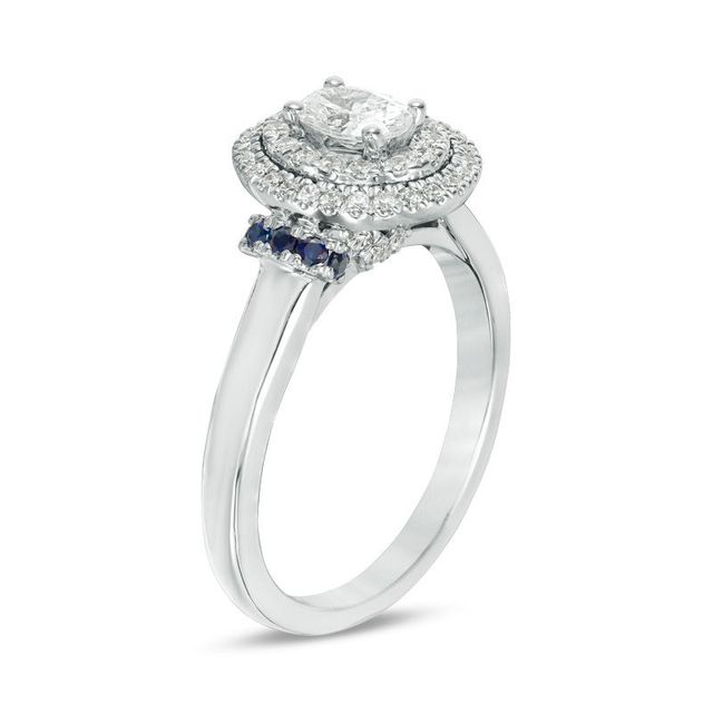 Vera Wang Love Collection 0.58 CT. T.W. Oval Diamond and Blue Sapphire Double Frame Engagement Ring in 14K White Gold|Peoples Jewellers