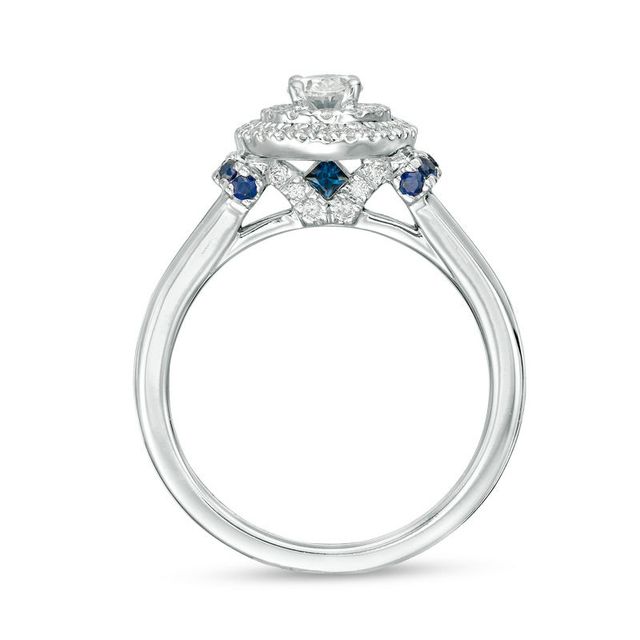 Vera Wang Love Collection 0.58 CT. T.W. Oval Diamond and Blue Sapphire Double Frame Engagement Ring in 14K White Gold|Peoples Jewellers
