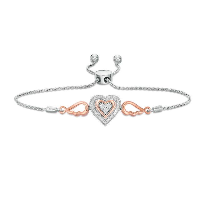 1/15 CT. T.W. Diamond Double Heart with Wings Bolo Bracelet in Sterling Silver and 10K Rose Gold (1 Line) - 9.5"|Peoples Jewellers