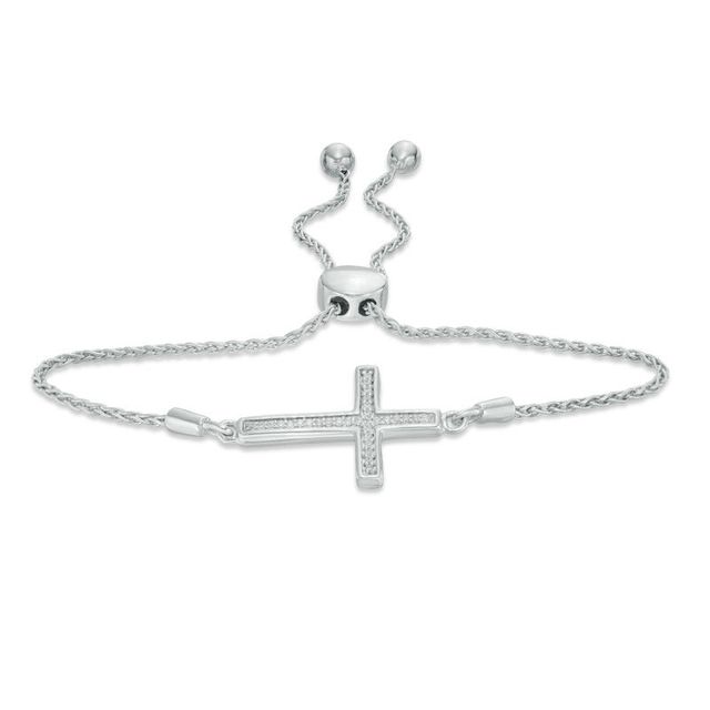 1/10 CT. T.W. Diamond Sideways Cross Bolo Bracelet in Sterling Silver (1 Line) - 9.5"