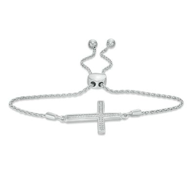 1/10 CT. T.W. Diamond Sideways Cross Bolo Bracelet in Sterling Silver (1 Line) - 9.5"|Peoples Jewellers