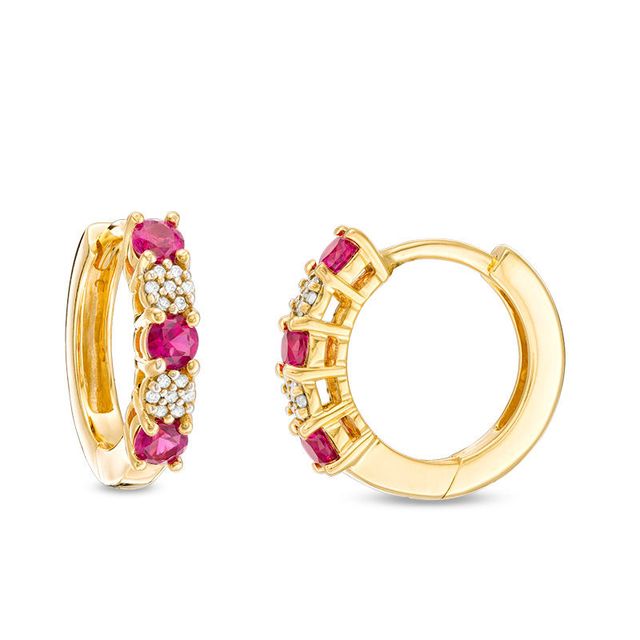 Ruby and 0.08 CT. T.W. Composite Diamond Alternating Hoop Earrings in 10K Gold|Peoples Jewellers