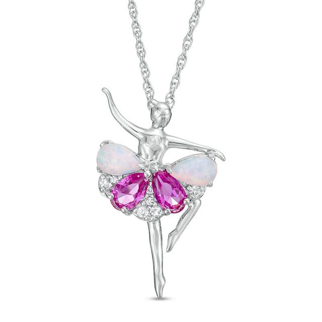 Pear-Shaped Lab-Created Opal, Pink and White Sapphire Ballerina Pendant in Sterling Silver