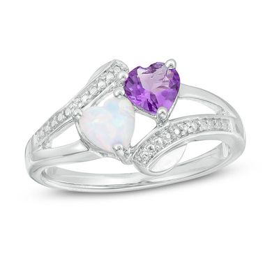 Heart-Shaped Amethyst, Lab-Created Opal and Diamond Accent Two Stone Slant Split Shank Ring in Sterling Silver|Peoples Jewellers