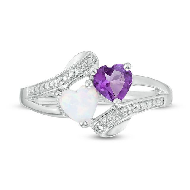 Heart-Shaped Amethyst, Lab-Created Opal and Diamond Accent Two Stone Slant Split Shank Ring in Sterling Silver|Peoples Jewellers