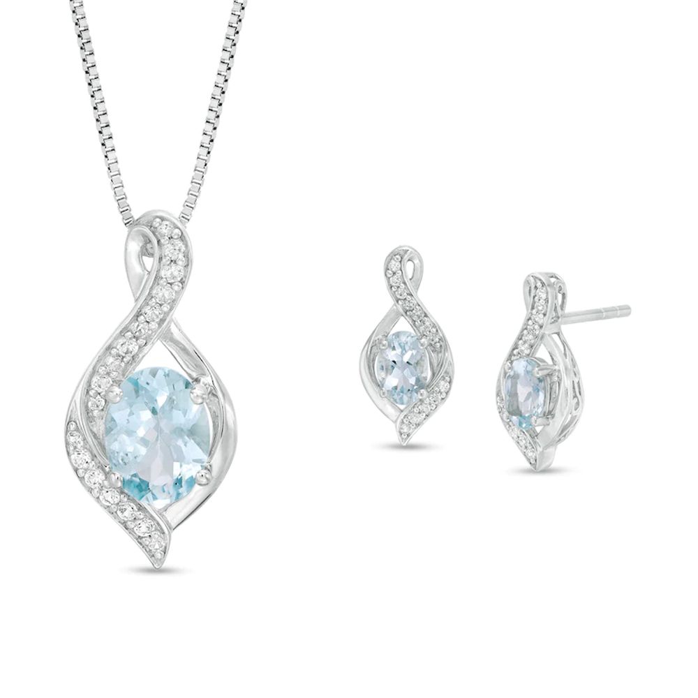 Oval Aquamarine and Lab-Created White Sapphire Flame Pendant and Drop Earrings Set in Sterling Silver|Peoples Jewellers