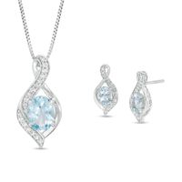 Oval Aquamarine and Lab-Created White Sapphire Flame Pendant and Drop Earrings Set in Sterling Silver|Peoples Jewellers