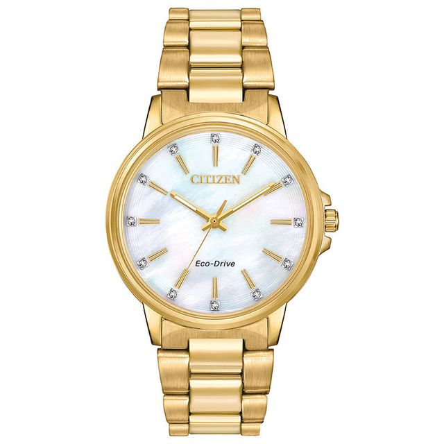 Ladies' Citizen Eco-Drive® Chandler Crystal Accent Gold-Tone Watch with Mother-of-Pearl Dial (Model: FE7032-51D)|Peoples Jewellers