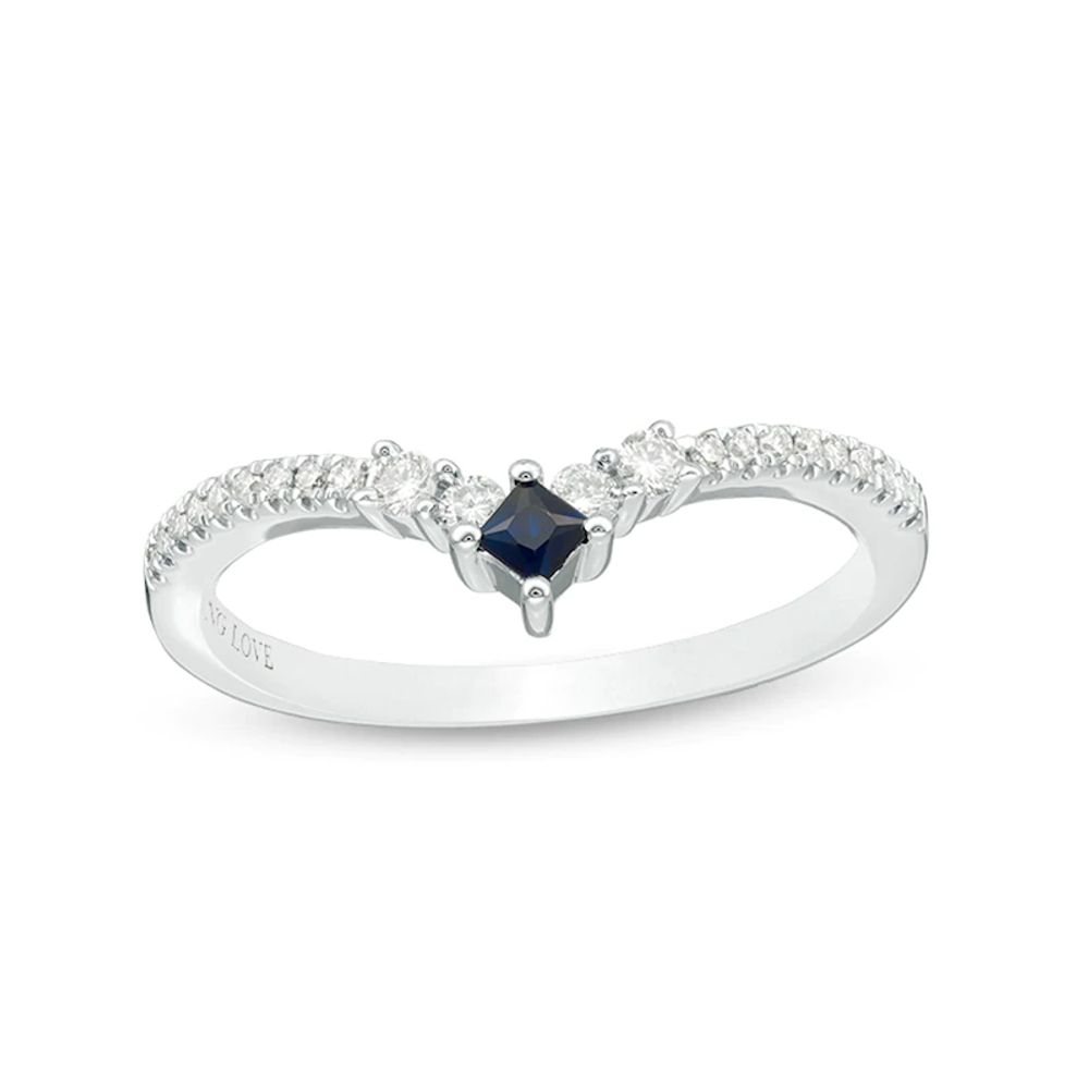 Vera Wang Love Collection Princess-Cut Sapphire and 0.146 CT. T.W. Diamond Chevron Ring in 14K White Gold|Peoples Jewellers