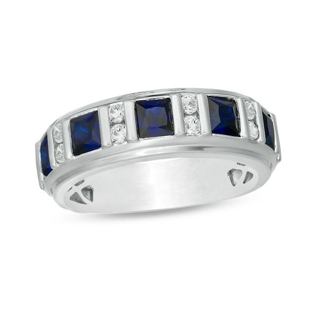 Men's Square-Cut Lab-Created Blue and White Sapphire Alternating Band in Sterling Silver