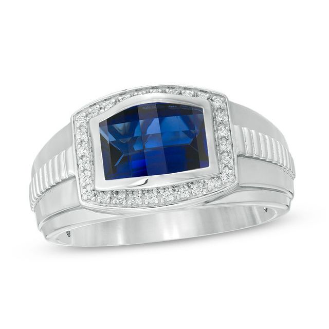 Men's Barrel Lab-Created Ceylon Blue and White Sapphire Frame Stepped Shank Ring in Sterling Silver|Peoples Jewellers