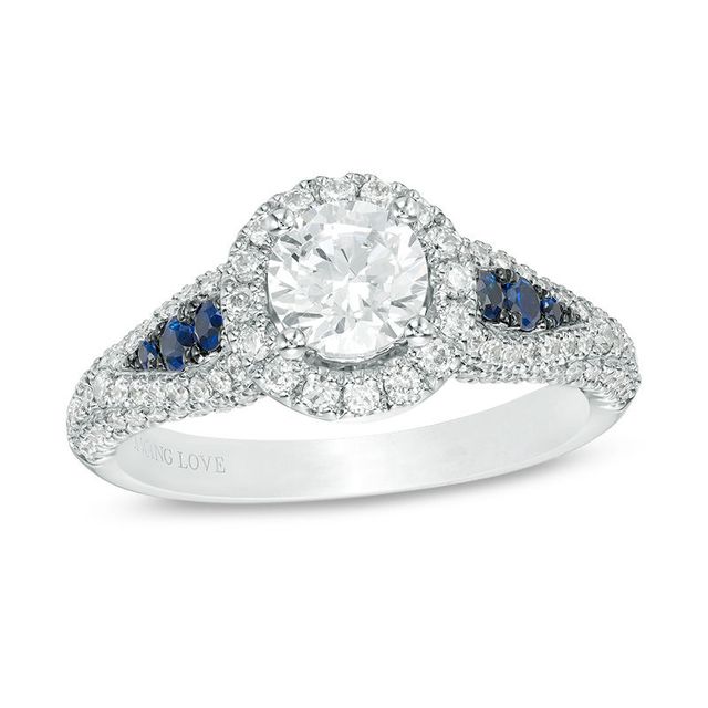 Vera Wang Love Collection 1.23 CT. T.W. Diamond and Blue Sapphire Frame Petal-Sides Engagement Ring in 14K White Gold|Peoples Jewellers