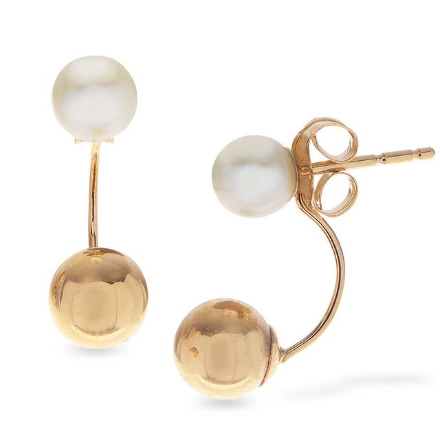 5.0-5.5mm Cultured Freshwater Pearl and Ball Front/Back Earrings in 14K Gold|Peoples Jewellers