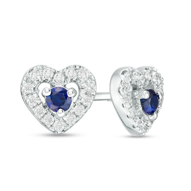 Blue Sapphire and 0.16 CT. T.W. Diamond Frame Heart Stud Earrings in 10K White Gold
