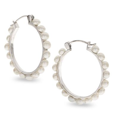 4.0-5.0mm Button Freshwater Cultured Pearl Hoop Earrings in Sterling Silver|Peoples Jewellers