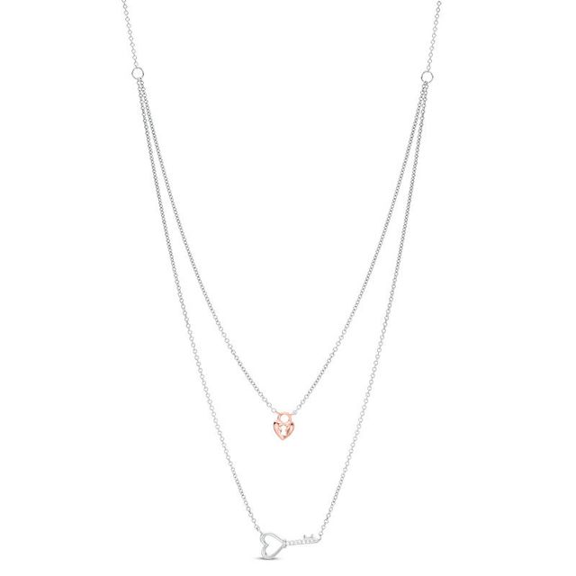 Diamond Accent Heart-Top Key and Heart Lock Double Strand Necklace in Sterling Silver and 10K Rose Gold - 25"