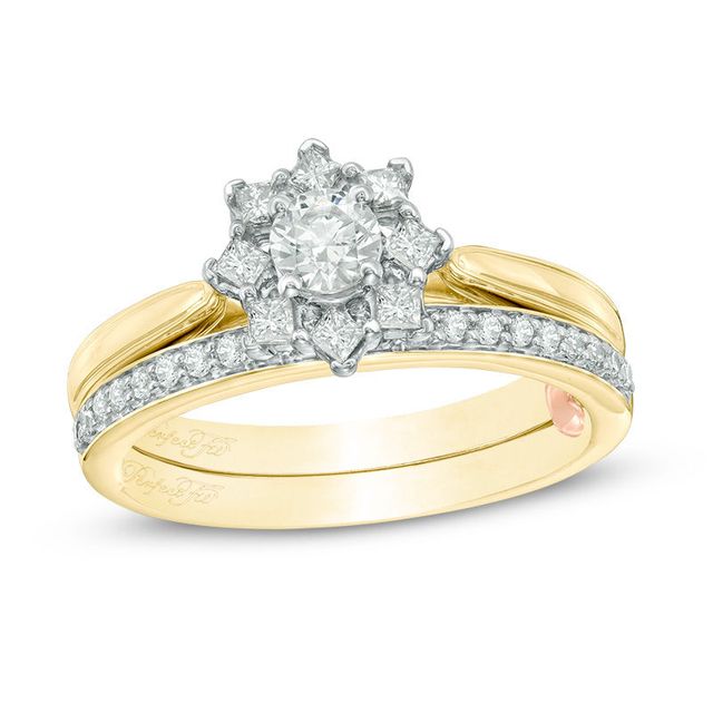 Perfect Fit 0.60 CT. T.W. Diamond Starburst Frame Interlocking Bridal Set in 14K Gold|Peoples Jewellers