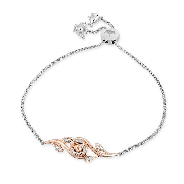 Enchanted Disney Belle 0.086 CT. T.W. Diamond Bypass Rose Bolo Bracelet in Sterling Silver and 10K Rose Gold - 10.5"