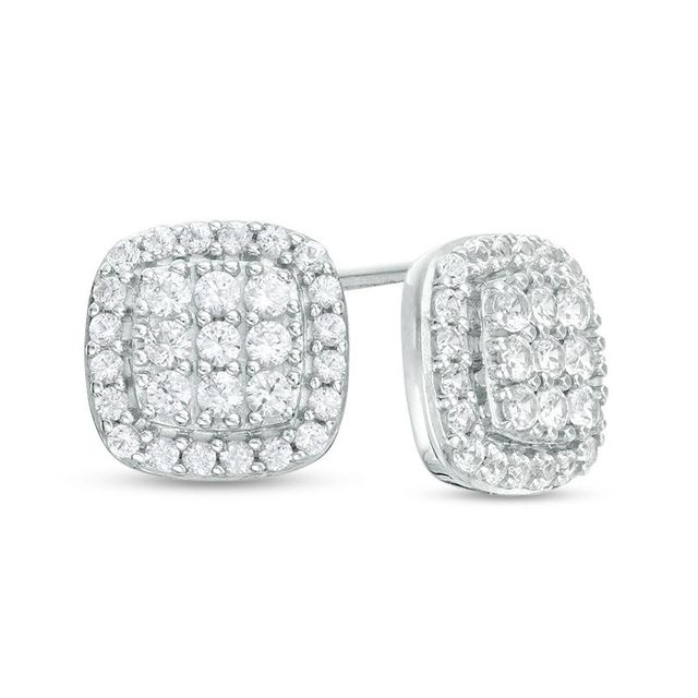 Lab-Created White Sapphire Composite Cushion Frame Stud Earrings in Sterling Silver