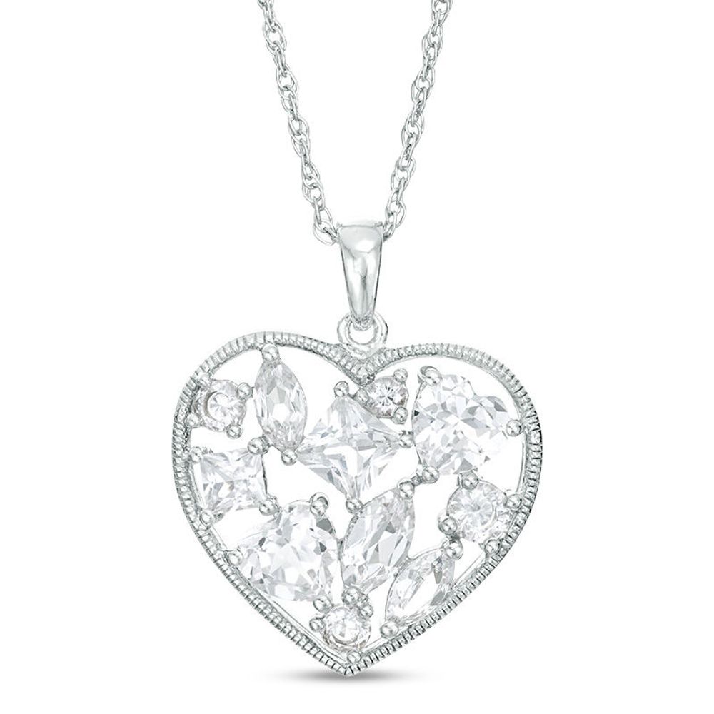 Multi-Shape Lab-Created White Sapphire Cluster Vintage-Style Frame Heart Pendant in Sterling Silver|Peoples Jewellers