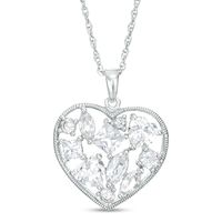 Multi-Shape Lab-Created White Sapphire Cluster Vintage-Style Frame Heart Pendant in Sterling Silver|Peoples Jewellers