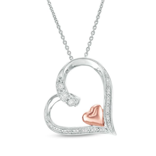 0.10 CT. T.W. Diamond Tilted Heart Within Heart Pendant in Sterling Silver and 10K Rose Gold