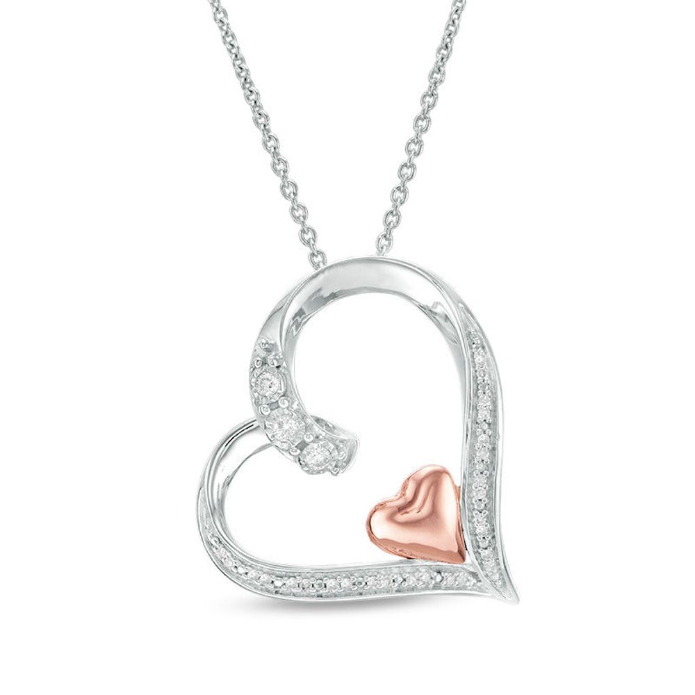 0.10 CT. T.W. Diamond Tilted Heart Within Heart Pendant in Sterling Silver and 10K Rose Gold|Peoples Jewellers