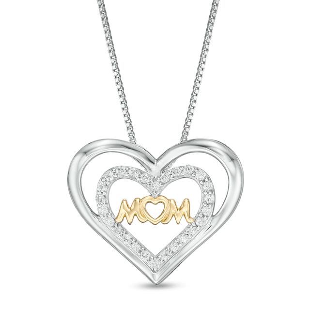 Lab-Created White Sapphire "MOM" Double Hearts Pendant in Sterling Silver with 10K Gold Plate