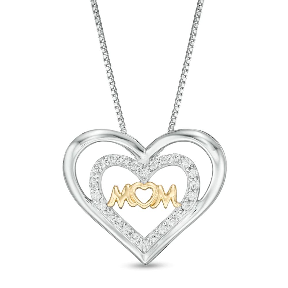 Lab-Created White Sapphire "MOM" Double Hearts Pendant in Sterling Silver with 10K Gold Plate|Peoples Jewellers