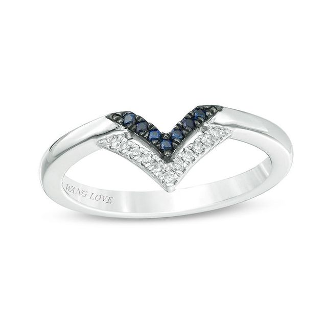 Vera Wang Love Collection Blue Sapphire and 0.04 CT. T.W. Diamond Double Chevron Ring in 14K White Gold|Peoples Jewellers