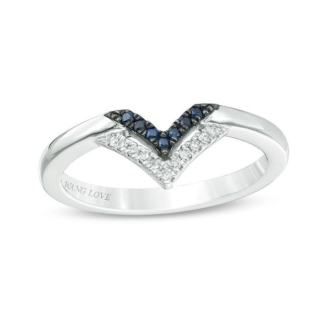 Vera Wang Love Collection Blue Sapphire and 0.04 CT. T.W. Diamond Double Chevron Ring in 14K White Gold