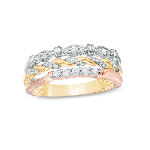 0.25 CT. T.W. Diamond Three Piece Stackable Band Set in 10K Tri-Tone Gold|Peoples Jewellers