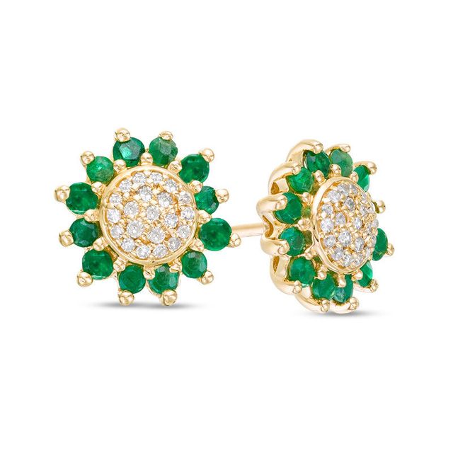 Emerald and 0.085 CT. T.W. Composite Diamond Flower Stud Earrings in 10K Gold