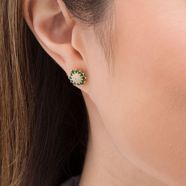 Emerald and 0.085 CT. T.W. Composite Diamond Flower Stud Earrings in 10K Gold|Peoples Jewellers