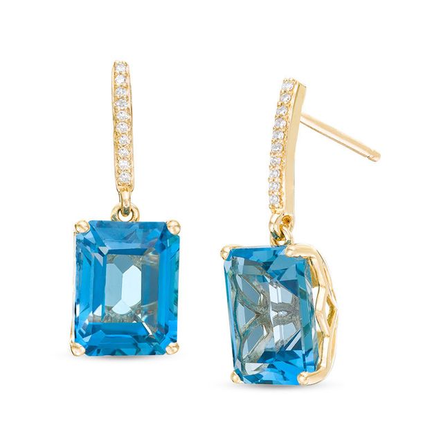 Emerald-Cut London Blue Topaz and 0.04 CT. T.W. Diamond Drop Earrings in 10K Gold|Peoples Jewellers