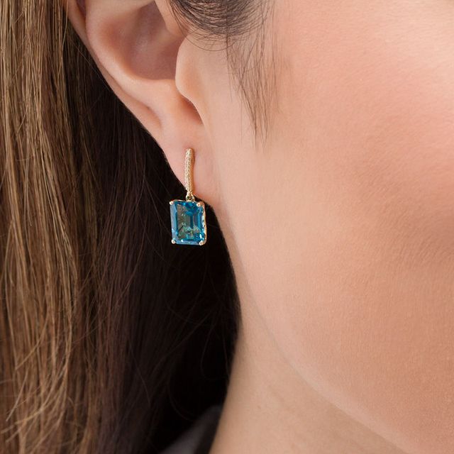 Emerald-Cut London Blue Topaz and 0.04 CT. T.W. Diamond Drop Earrings in 10K Gold|Peoples Jewellers