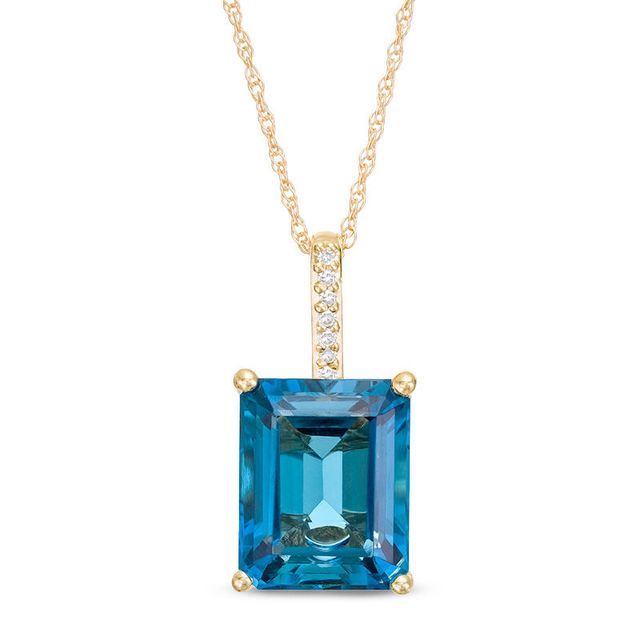 Emerald-Cut London Blue Topaz and Diamond Accent Drop Pendant in 10K Gold|Peoples Jewellers