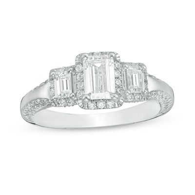 1.63 CT. T.W. Certified Emerald-Cut Diamond Past Present Future® Frame Engagement Ring in 14K White Gold (I/SI2)|Peoples Jewellers