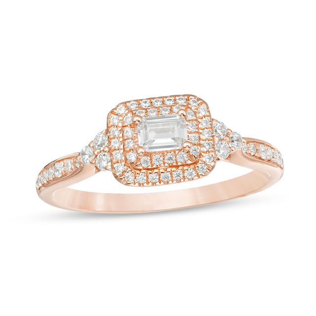 0.45 CT. T.W. Emerald-Cut Diamond Frame Tri-Sides Engagement Ring in 14K Rose Gold|Peoples Jewellers